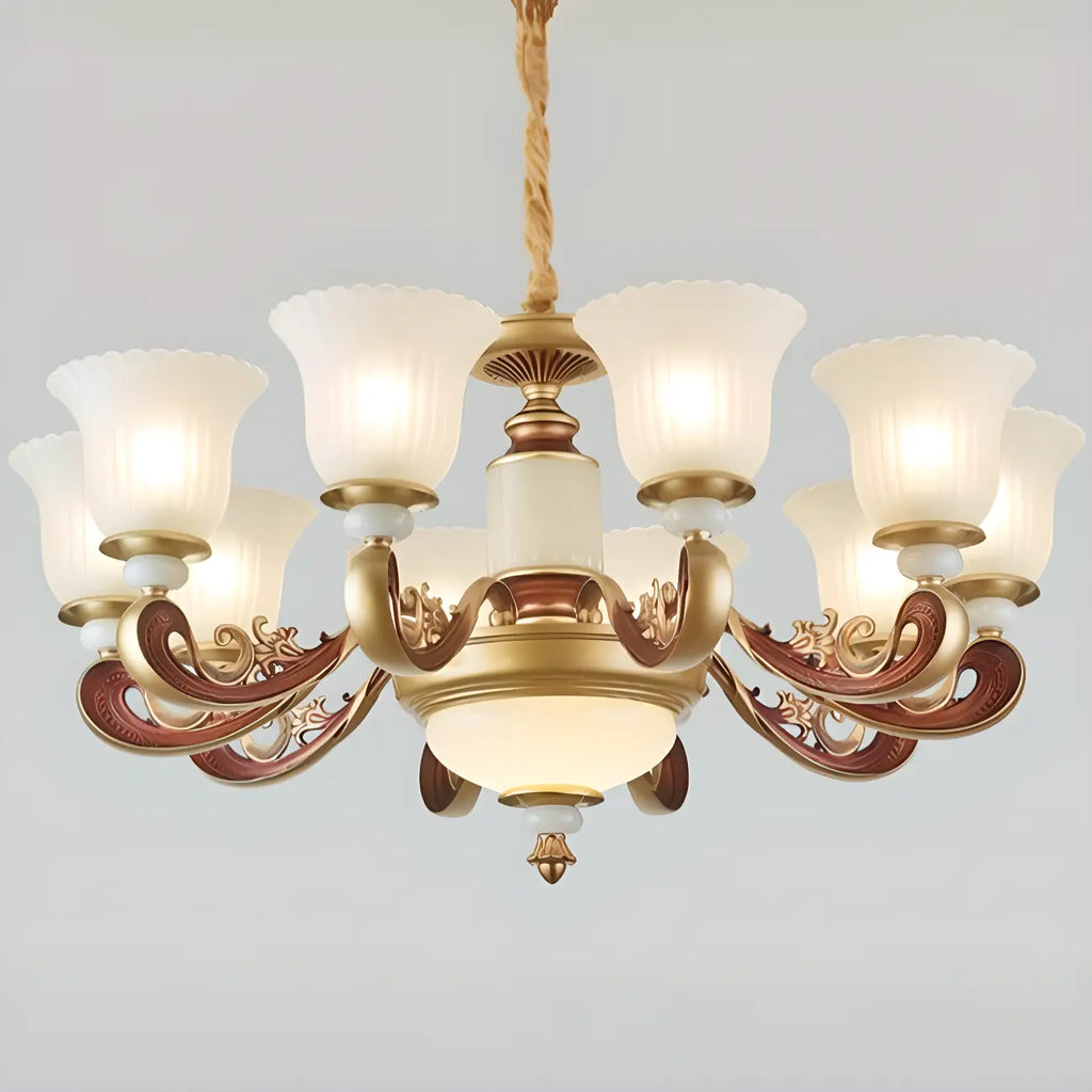 Lampadario regolabile da sala da pranzo dorato in vetro a forma di campana con luce orientata verso l'alto