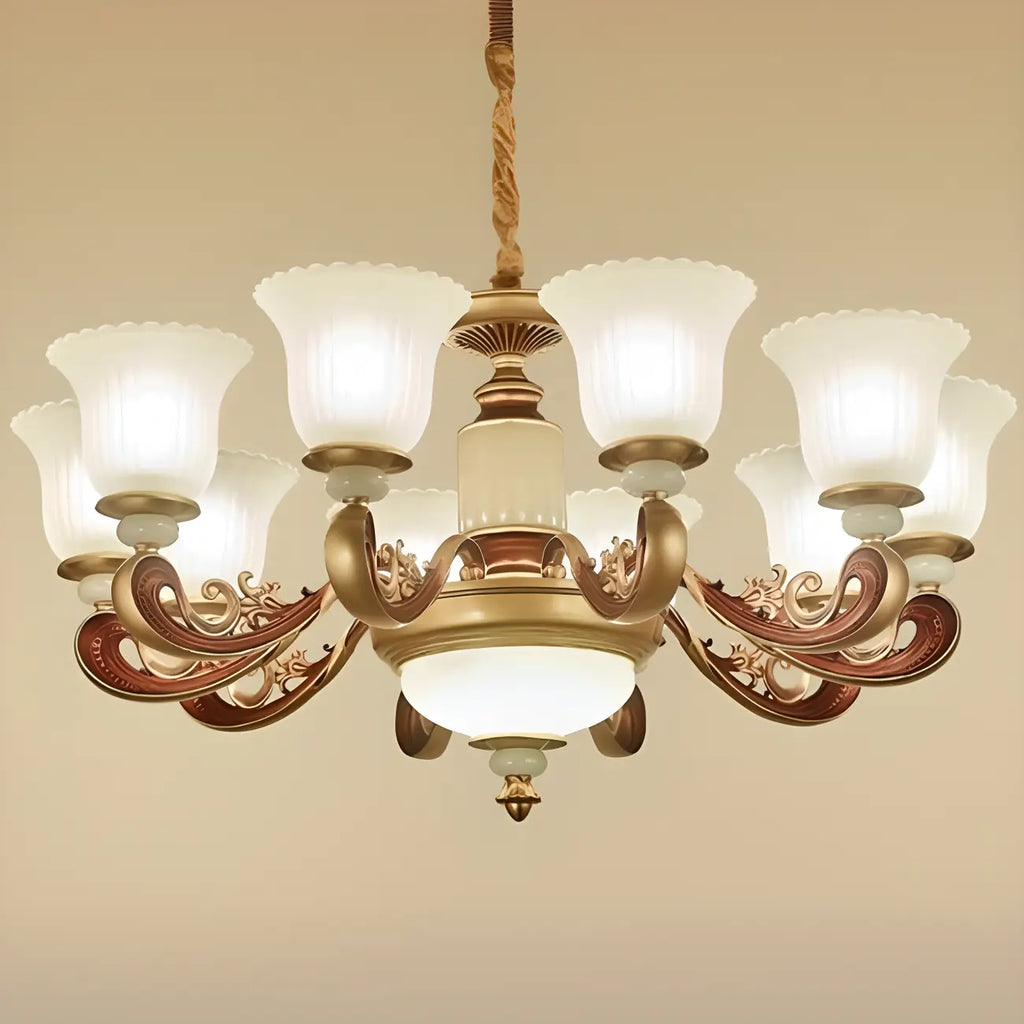 Lampadario regolabile da sala da pranzo dorato in vetro a forma di campana con luce orientata verso l'alto