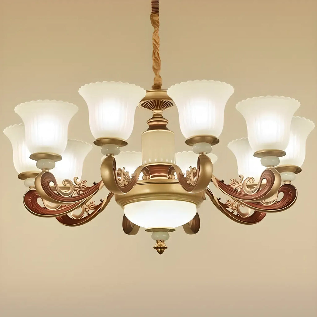 Lampadario regolabile da sala da pranzo dorato in vetro a forma di campana con luce orientata verso l'alto