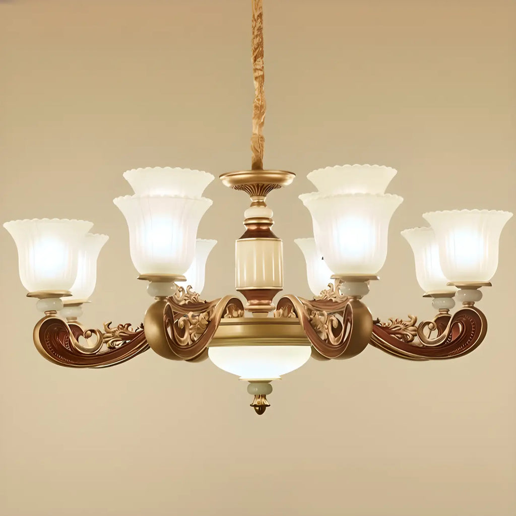 Lampadario regolabile da sala da pranzo dorato in vetro a forma di campana con luce orientata verso l'alto