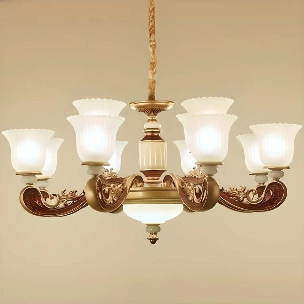 Lampadario regolabile da sala da pranzo dorato in vetro a forma di campana con luce orientata verso l'alto