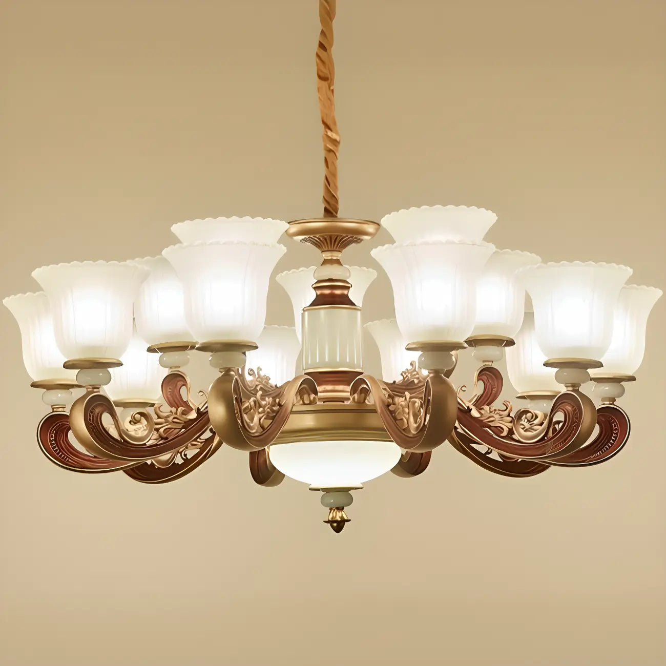 Lampadario regolabile da sala da pranzo dorato in vetro a forma di campana con luce orientata verso l'alto