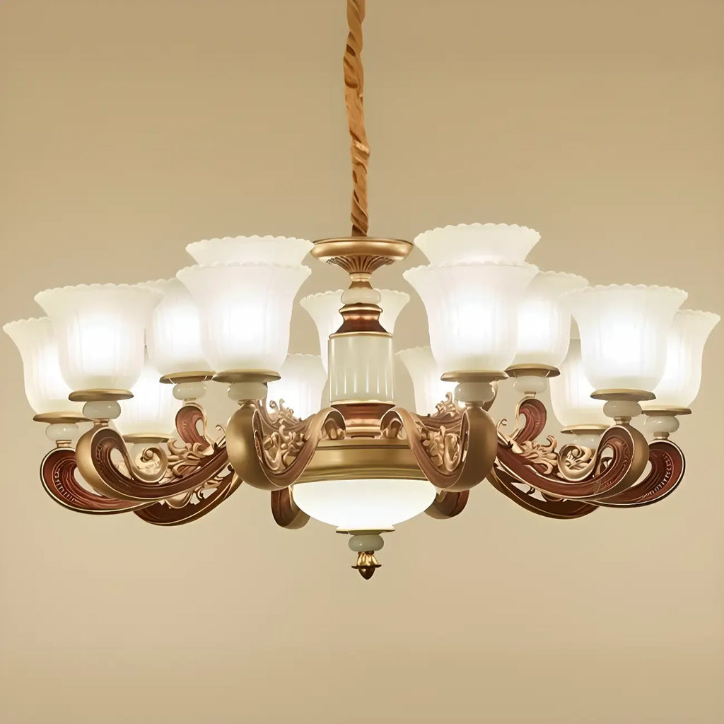 Lampadario regolabile da sala da pranzo dorato in vetro a forma di campana con luce orientata verso l'alto