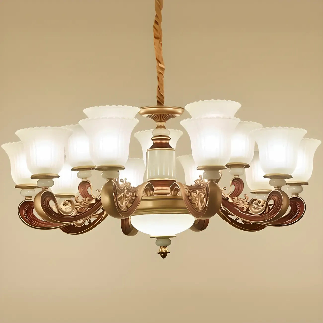 Lampadario regolabile da sala da pranzo dorato in vetro a forma di campana con luce orientata verso l'alto