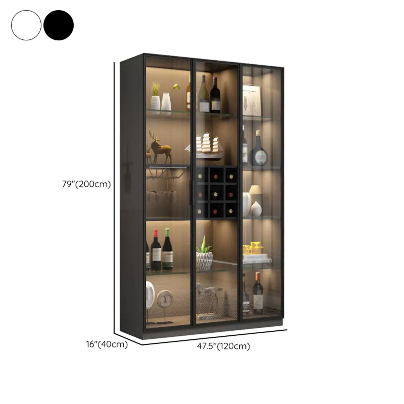 Cave à vin éclairée avec sol en bois noir et portes vitrées