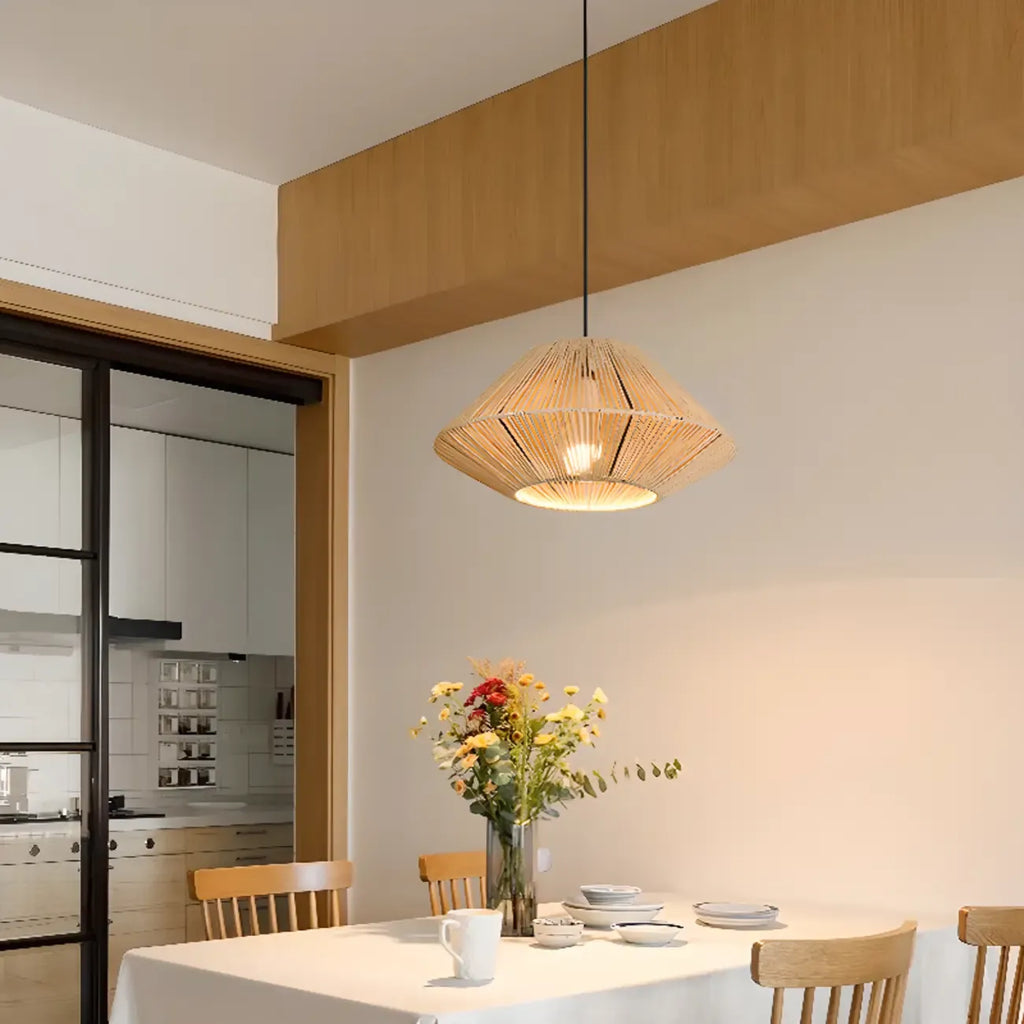 Lampadario a sospensione regolabile in rattan orientale e metallo beige