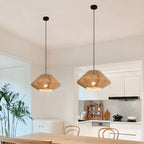 Lampadario a sospensione regolabile in rattan orientale e metallo beige