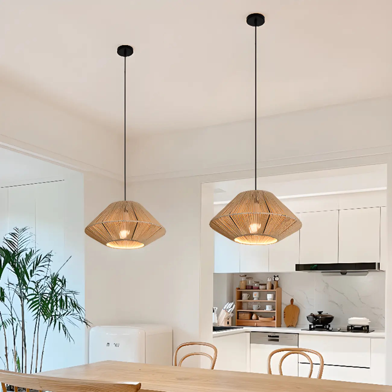 Lampadario a sospensione regolabile in rattan orientale e metallo beige