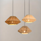 Lampadario a sospensione regolabile in rattan orientale e metallo beige