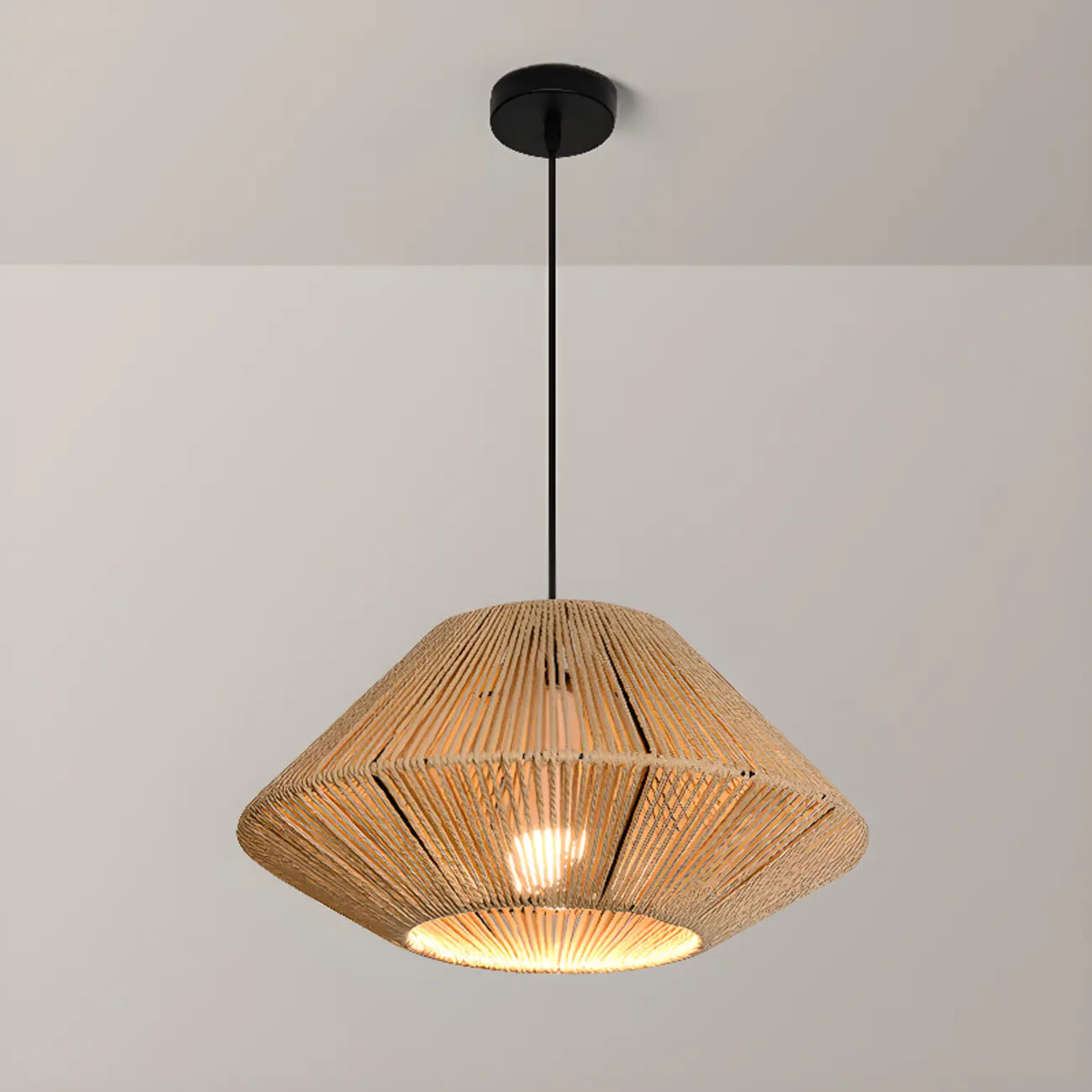 Lampadario a sospensione regolabile in rattan orientale e metallo beige