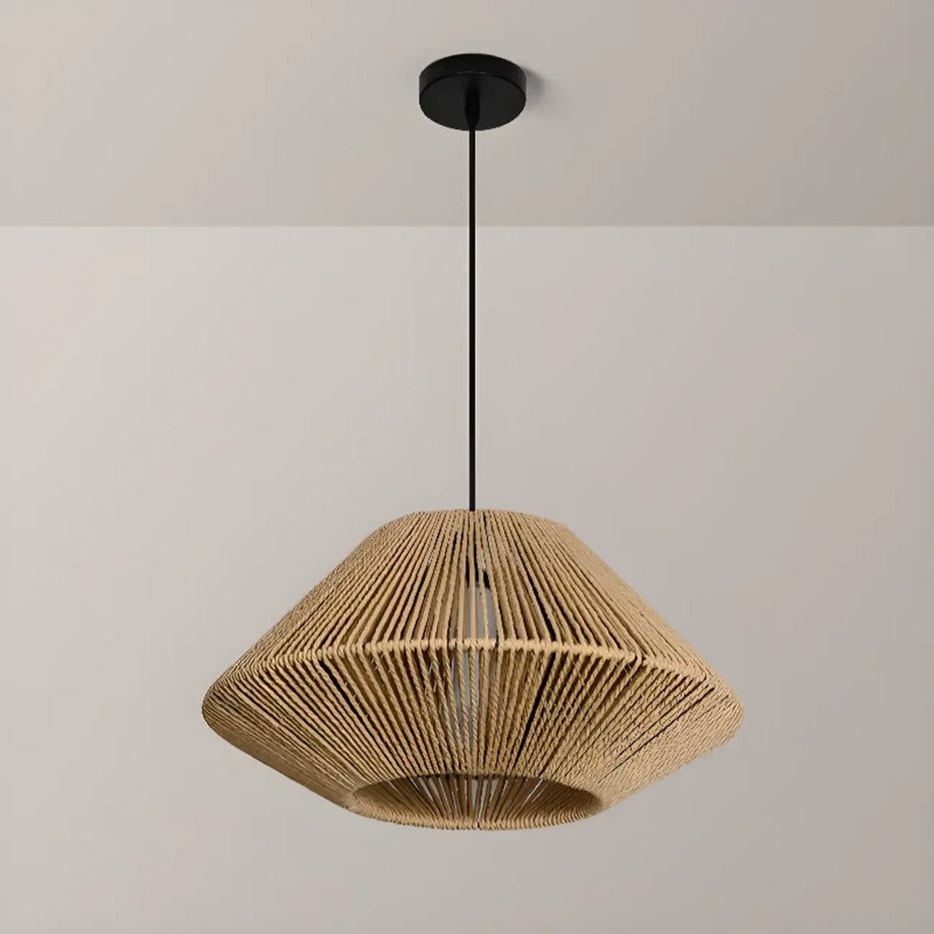 Lampadario a sospensione regolabile in rattan orientale e metallo beige