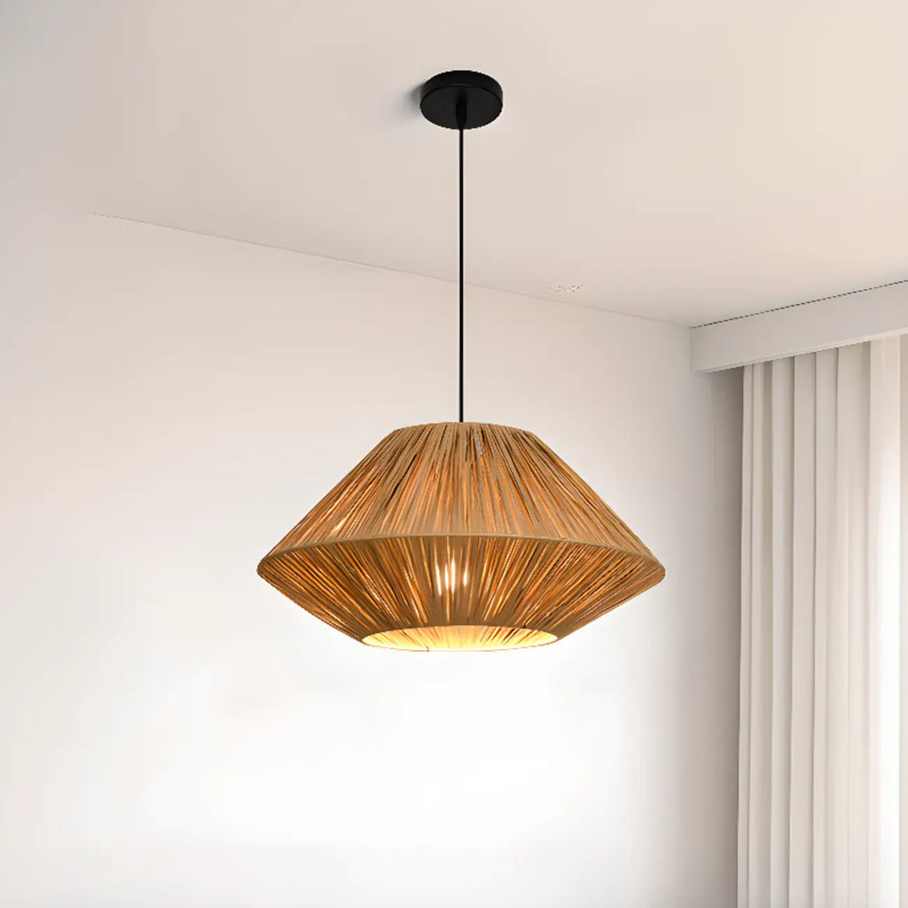Lampadario a sospensione regolabile in rattan orientale e metallo beige