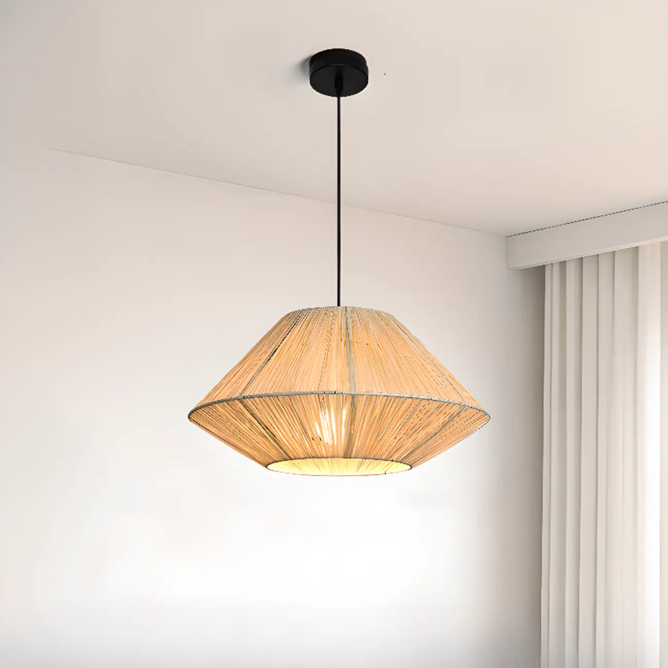 Lampadario a sospensione regolabile in rattan orientale e metallo beige