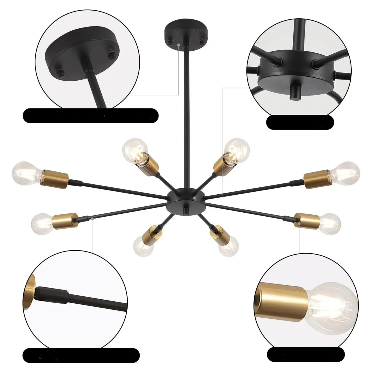 Lustre Sputnik minimaliste en métal noir de style industriel