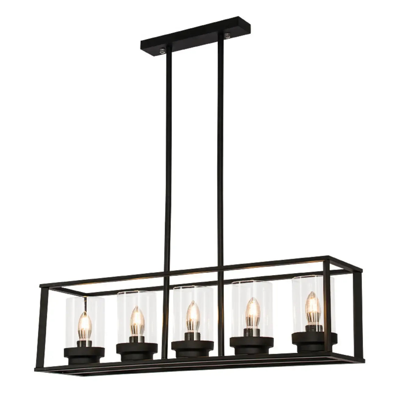 Suspension cylindrique en verre et métal noir de style industriel pour îlot de cuisine