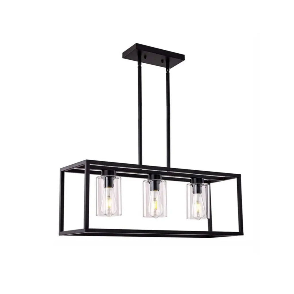 Suspension cylindrique en verre et métal noir de style industriel pour îlot de cuisine