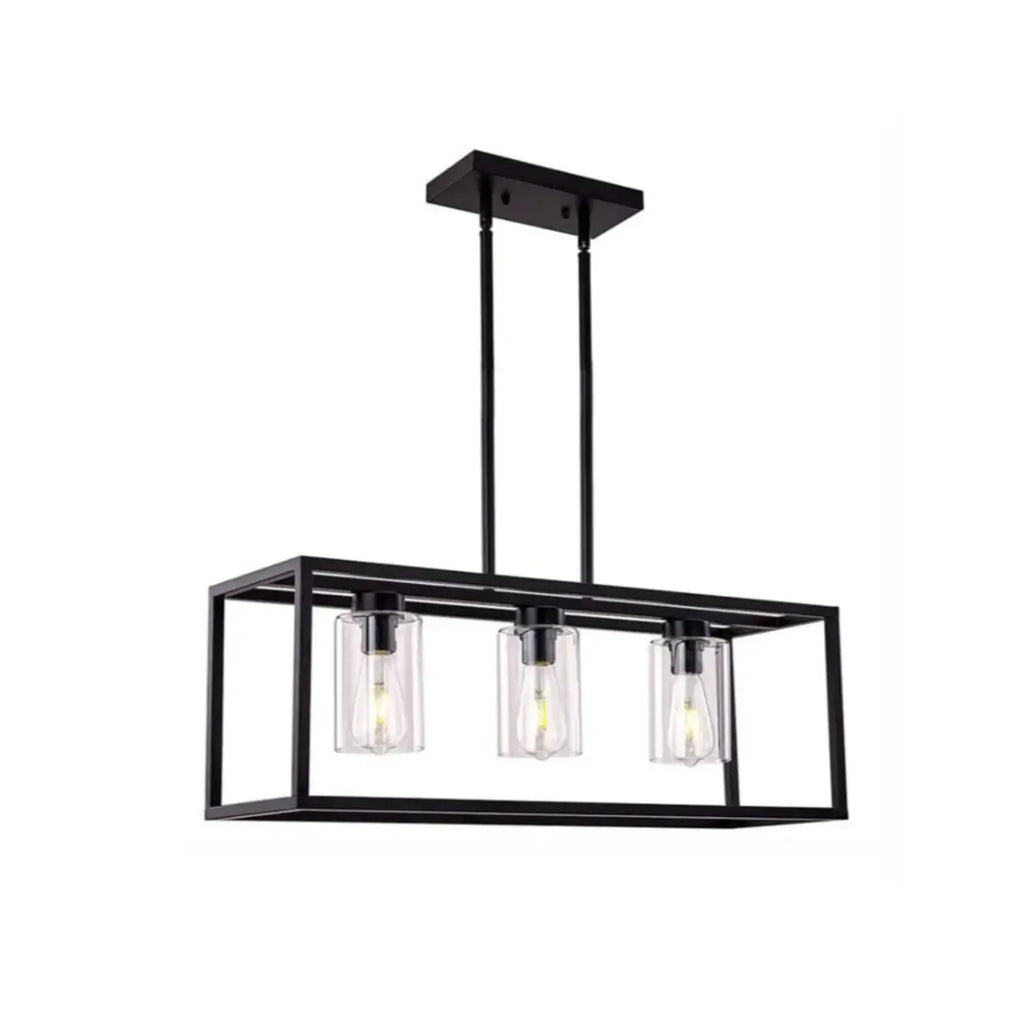 Suspension cylindrique en verre et métal noir de style industriel pour îlot de cuisine