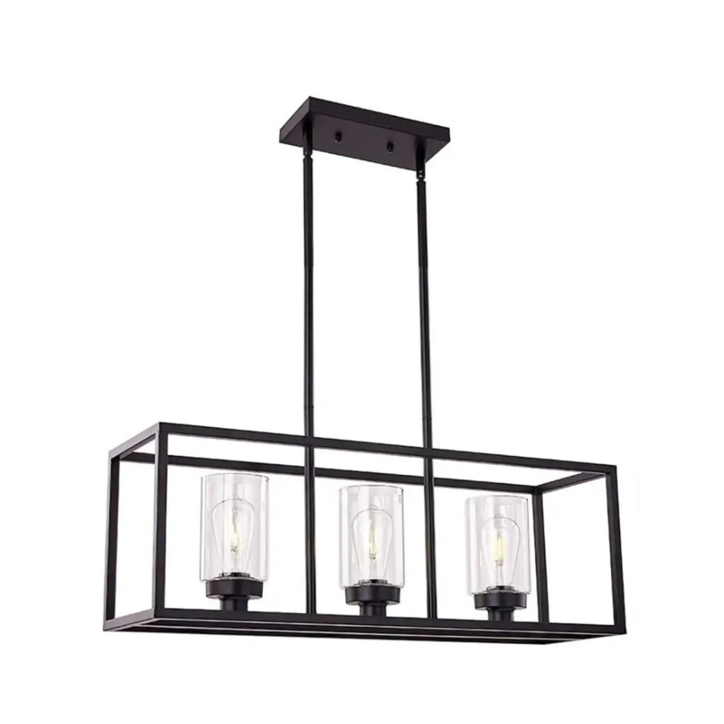 Suspension cylindrique en verre et métal noir de style industriel pour îlot de cuisine