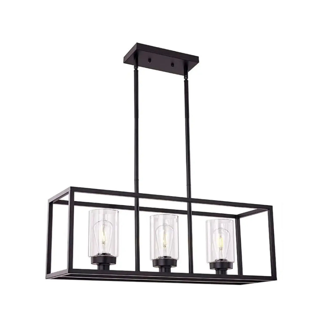 Suspension cylindrique en verre et métal noir de style industriel pour îlot de cuisine