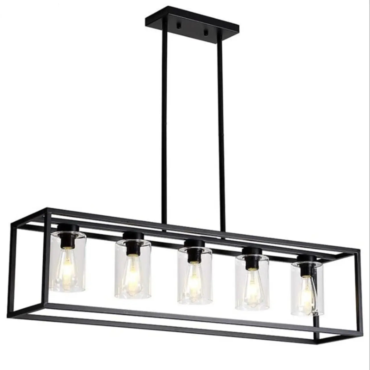 Suspension cylindrique en verre et métal noir de style industriel pour îlot de cuisine