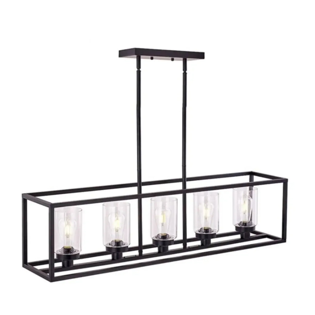 Suspension cylindrique en verre et métal noir de style industriel pour îlot de cuisine