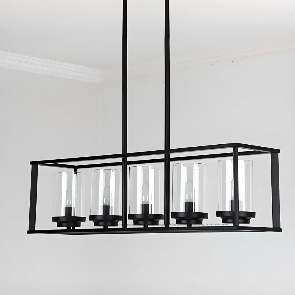Suspension cylindrique en verre et métal noir de style industriel pour îlot de cuisine