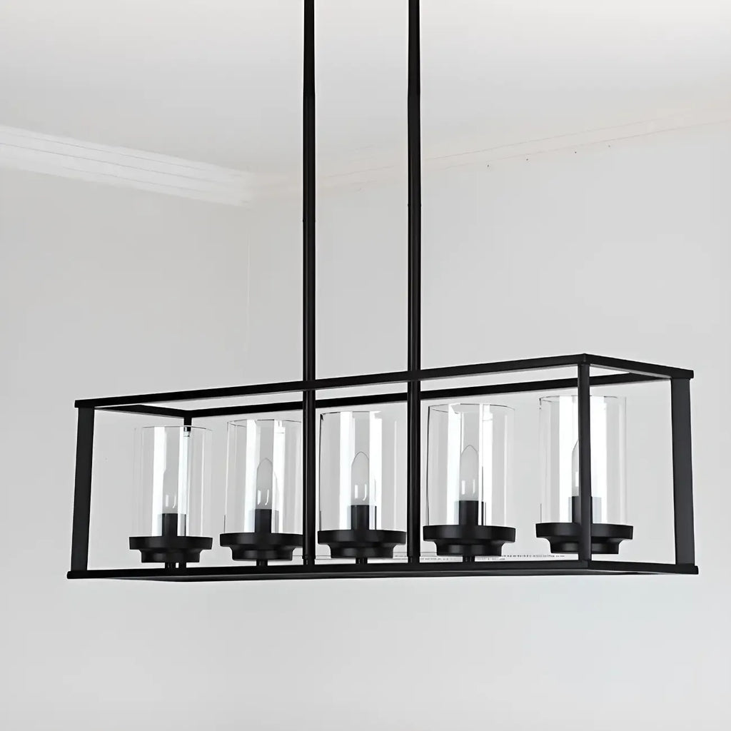 Suspension cylindrique en verre et métal noir de style industriel pour îlot de cuisine