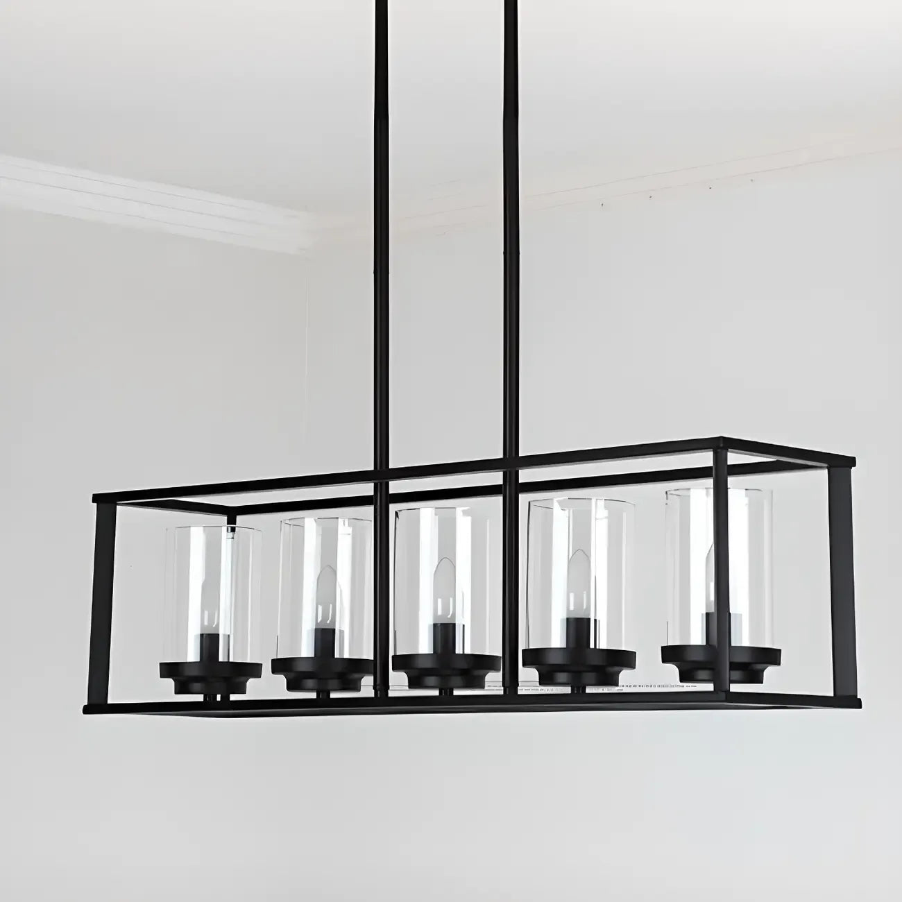 Suspension cylindrique en verre et métal noir de style industriel pour îlot de cuisine