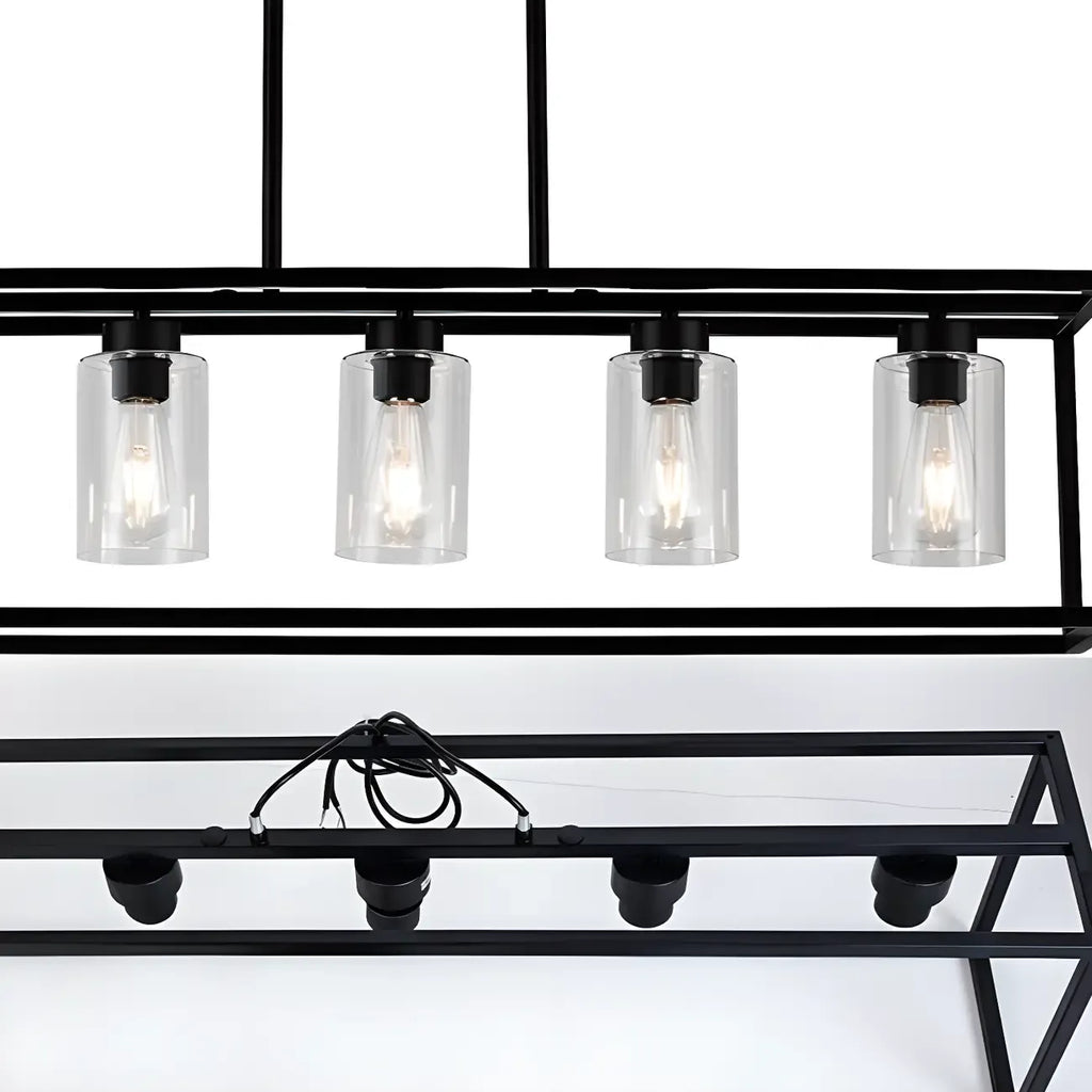 Suspension cylindrique en verre et métal noir de style industriel pour îlot de cuisine