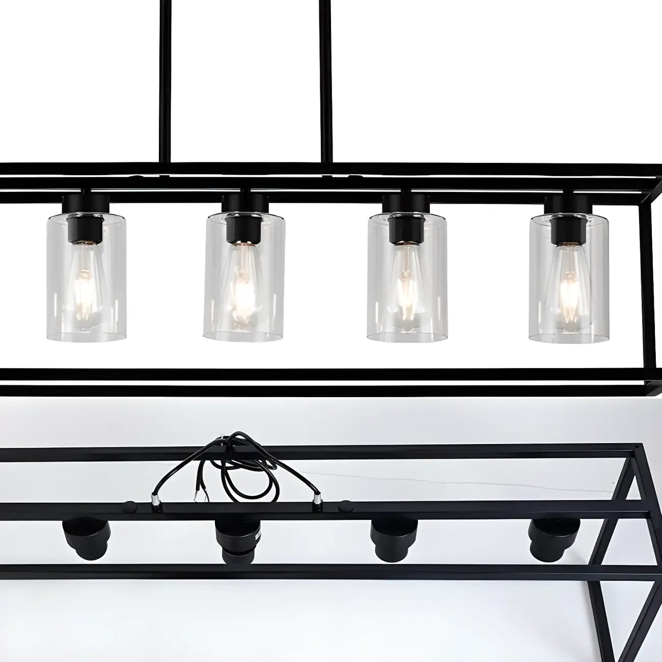 Suspension cylindrique en verre et métal noir de style industriel pour îlot de cuisine