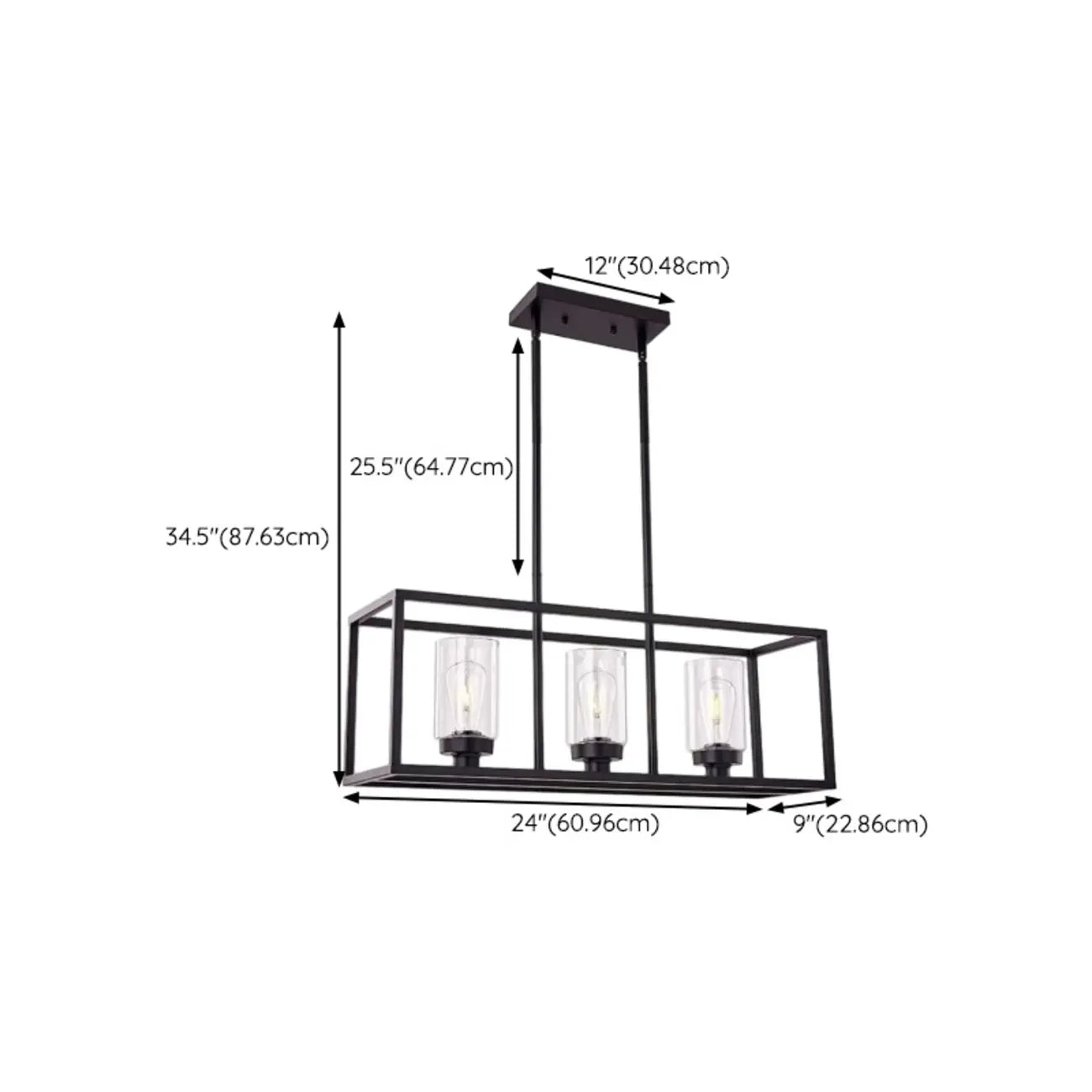 Suspension cylindrique en verre et métal noir de style industriel pour îlot de cuisine