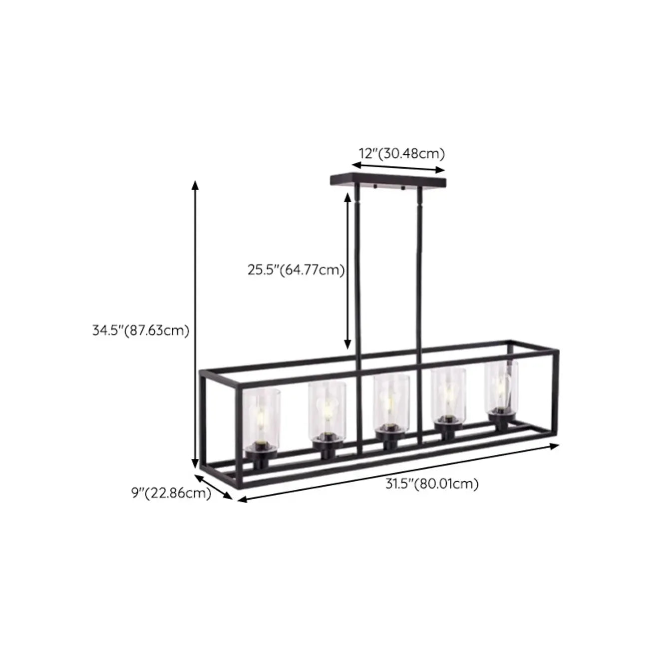 Suspension cylindrique en verre et métal noir de style industriel pour îlot de cuisine