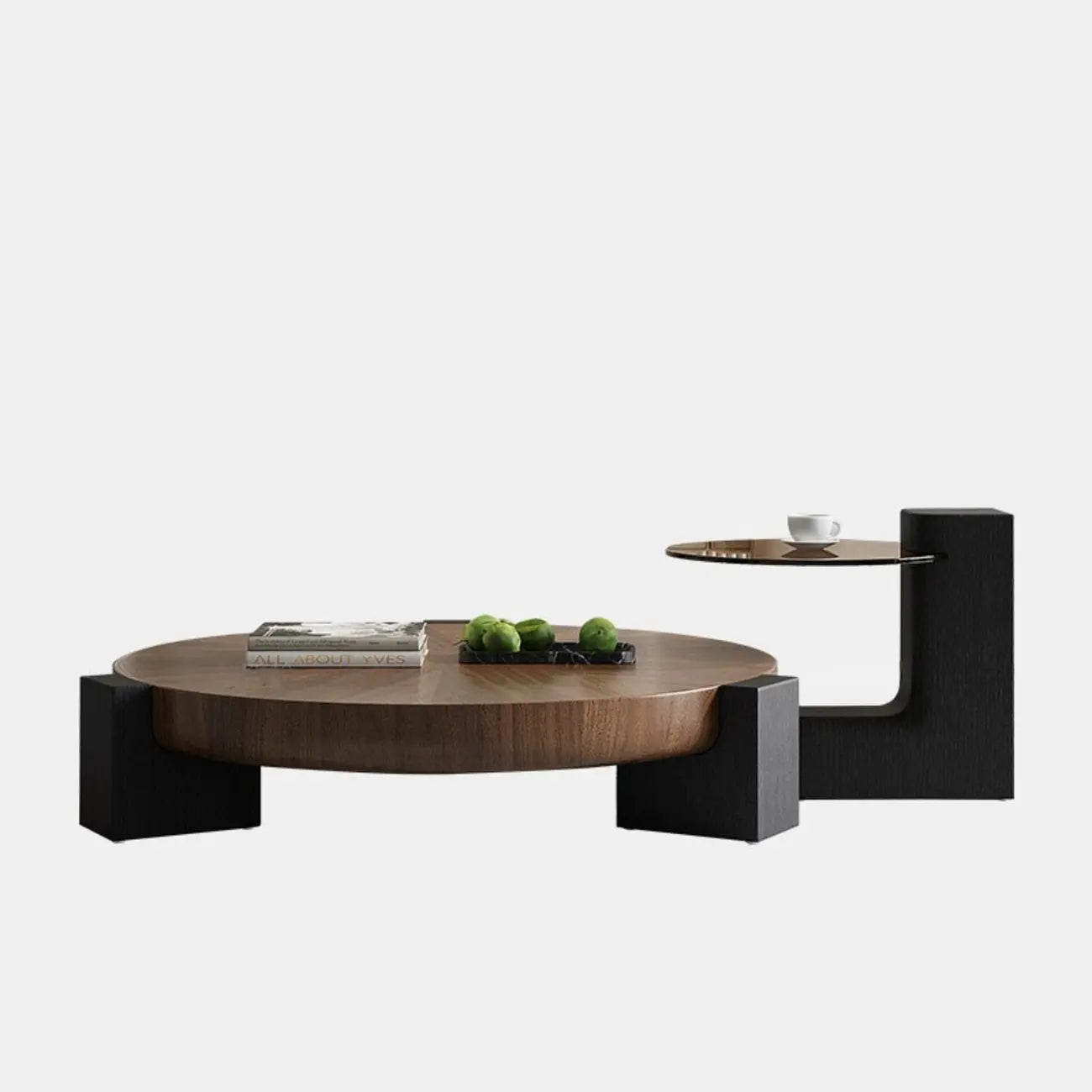 Table basse trépied ronde en bois noir et marron au style funky