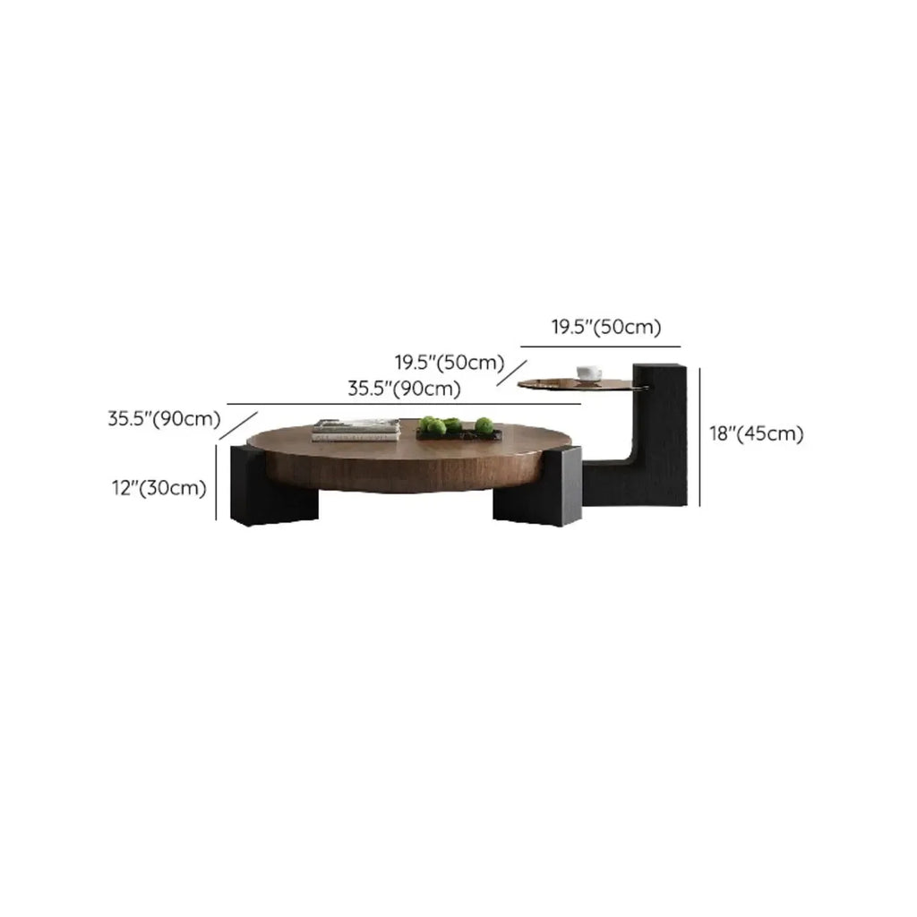 Table basse trépied ronde en bois noir et marron au style funky