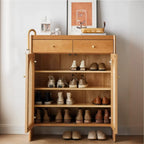 Meuble à chaussures bohème en bois et rotin arqué pour entrée