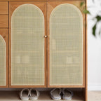 Meuble à chaussures bohème en bois et rotin arqué pour entrée