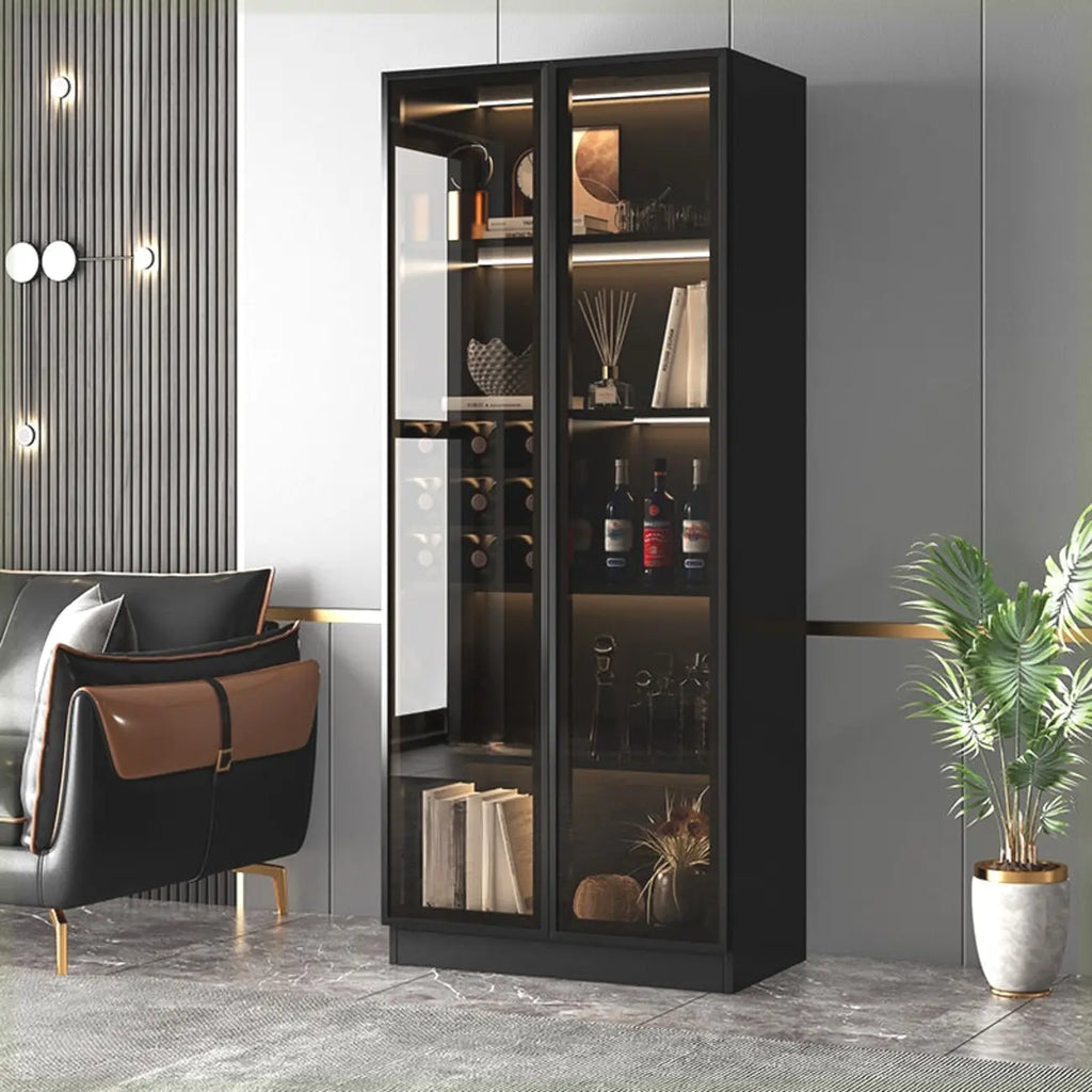 Grande armoire à vin moderne en bois noir avec portes vitrées