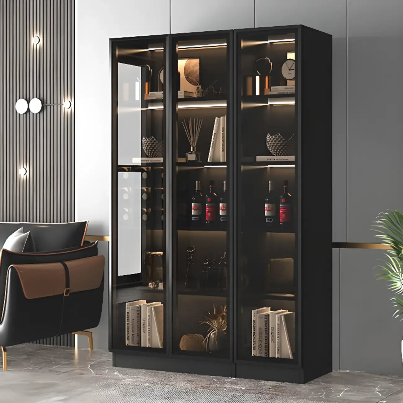 Grande armoire à vin moderne en bois noir avec portes vitrées