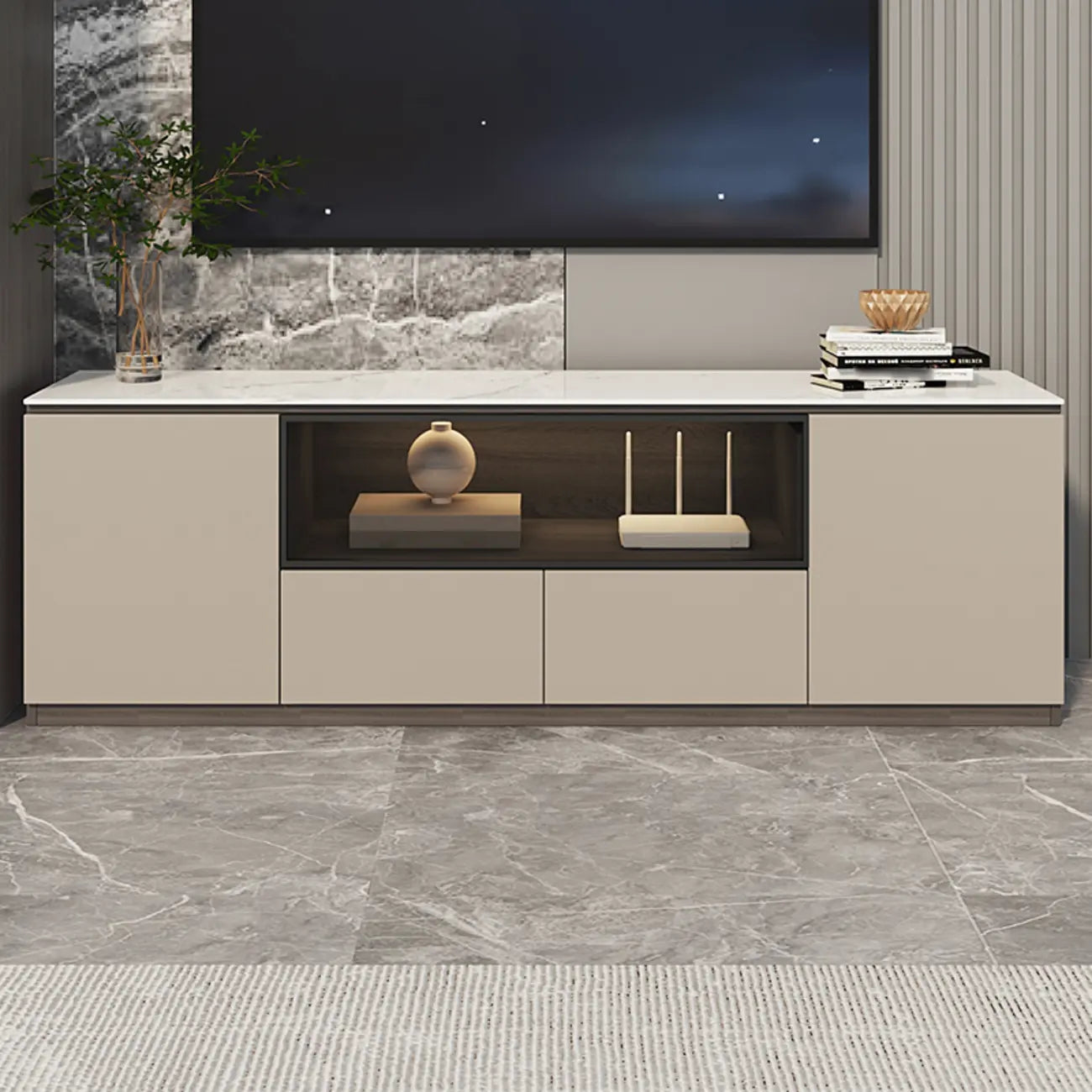 Mobile TV a cassetti lungo in pietra grigio scuro 94 con luci LED