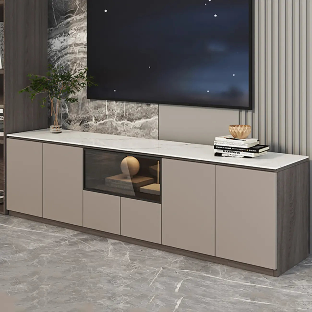 Mobile TV a cassetti lungo in pietra grigio scuro 94 con luci LED