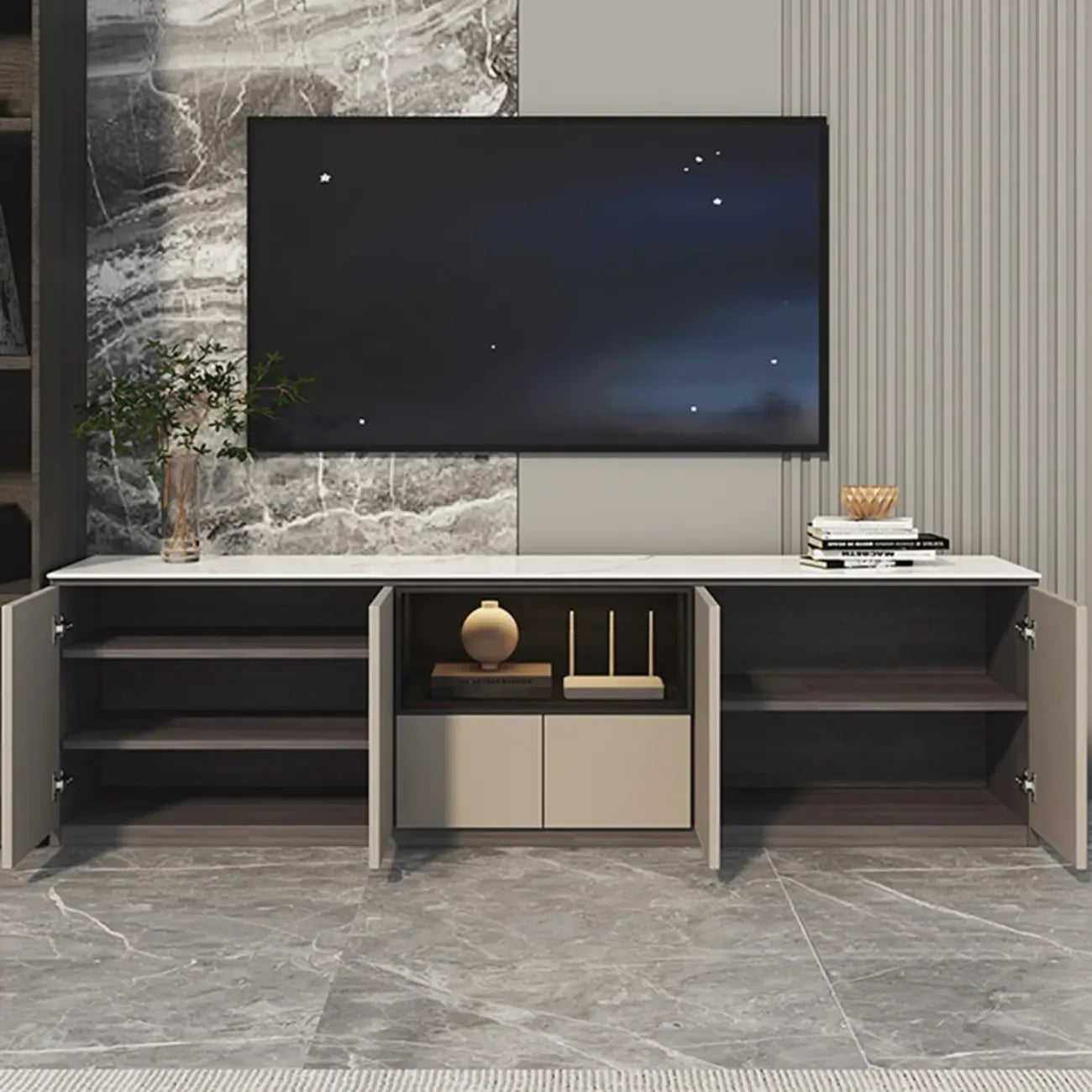 Mobile TV a cassetti lungo in pietra grigio scuro 94 con luci LED