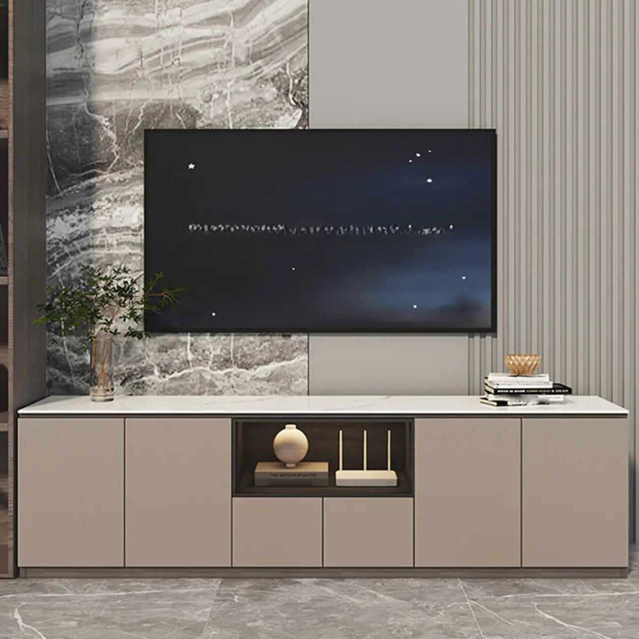 Mobile TV a cassetti lungo in pietra grigio scuro 94 con luci LED