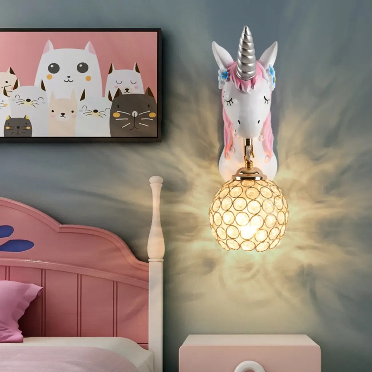 Applique murale licorne pour enfant avec globe en cristal pour chambre à coucher