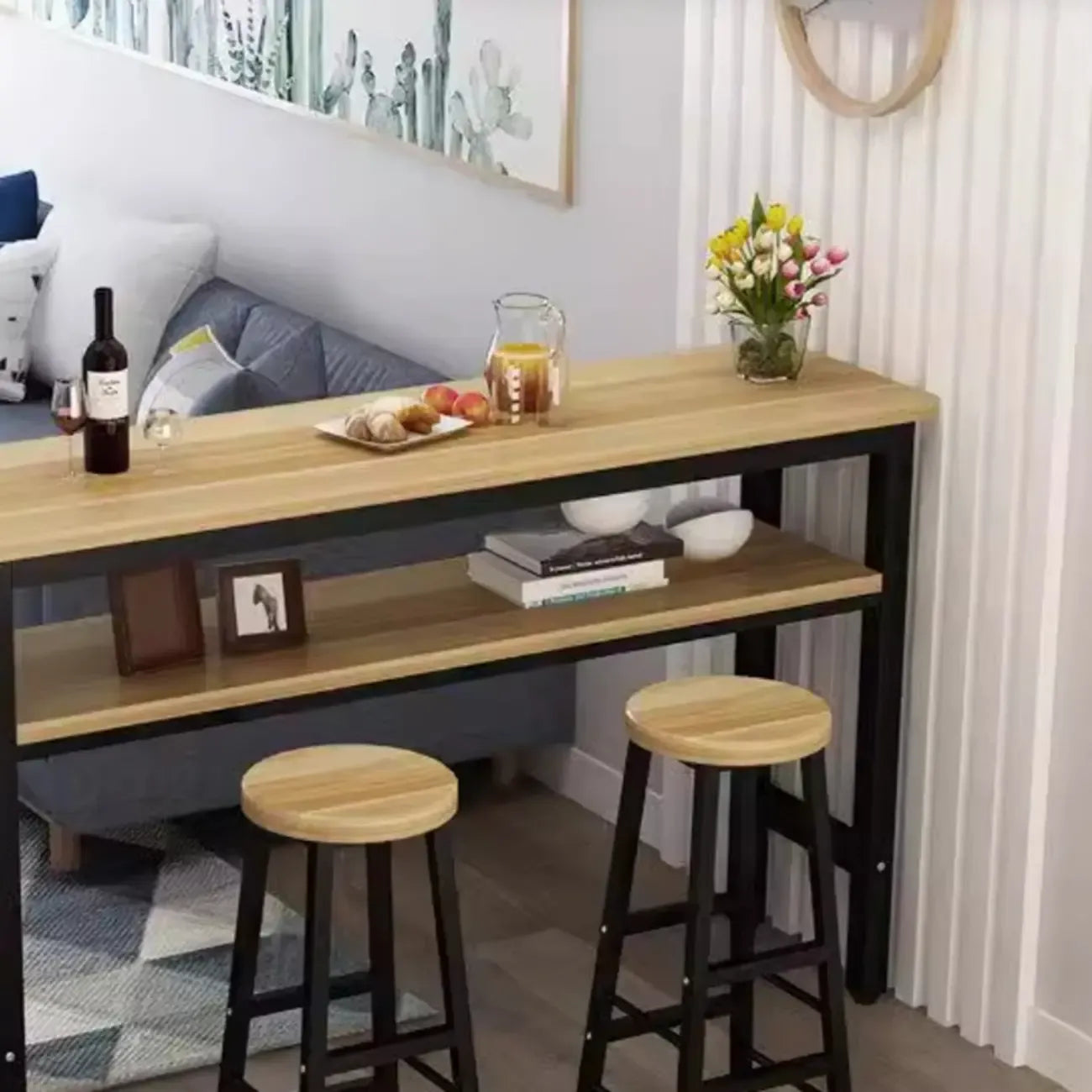 Tables de bar à plateau fixe en bois naturel et métal de forme irrégulière