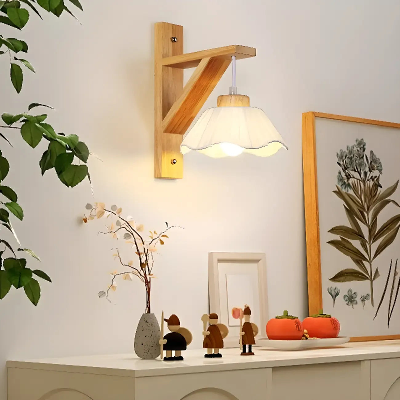 Mini applique murale d'intérieur avec abat-jour en tissu et cadre en bois