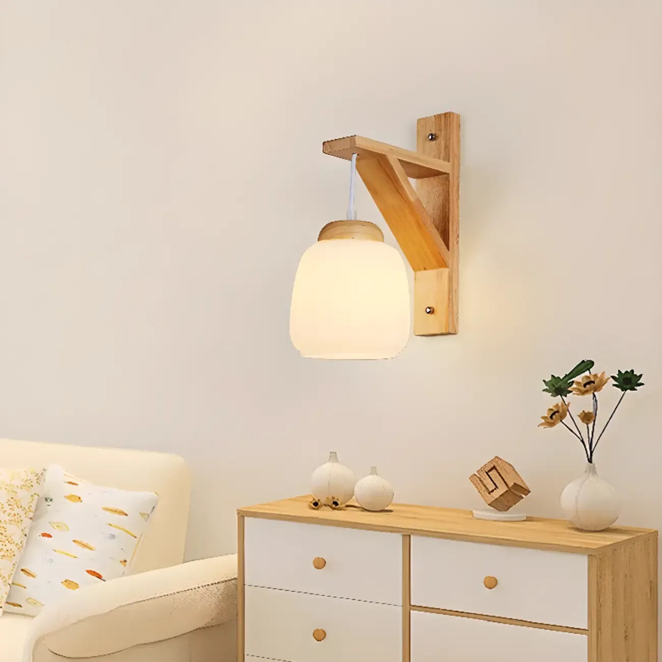 Mini applique murale d'intérieur avec abat-jour en tissu et cadre en bois