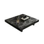Table basse carrée moderne en pierre frittée beige avec piètement traîneau