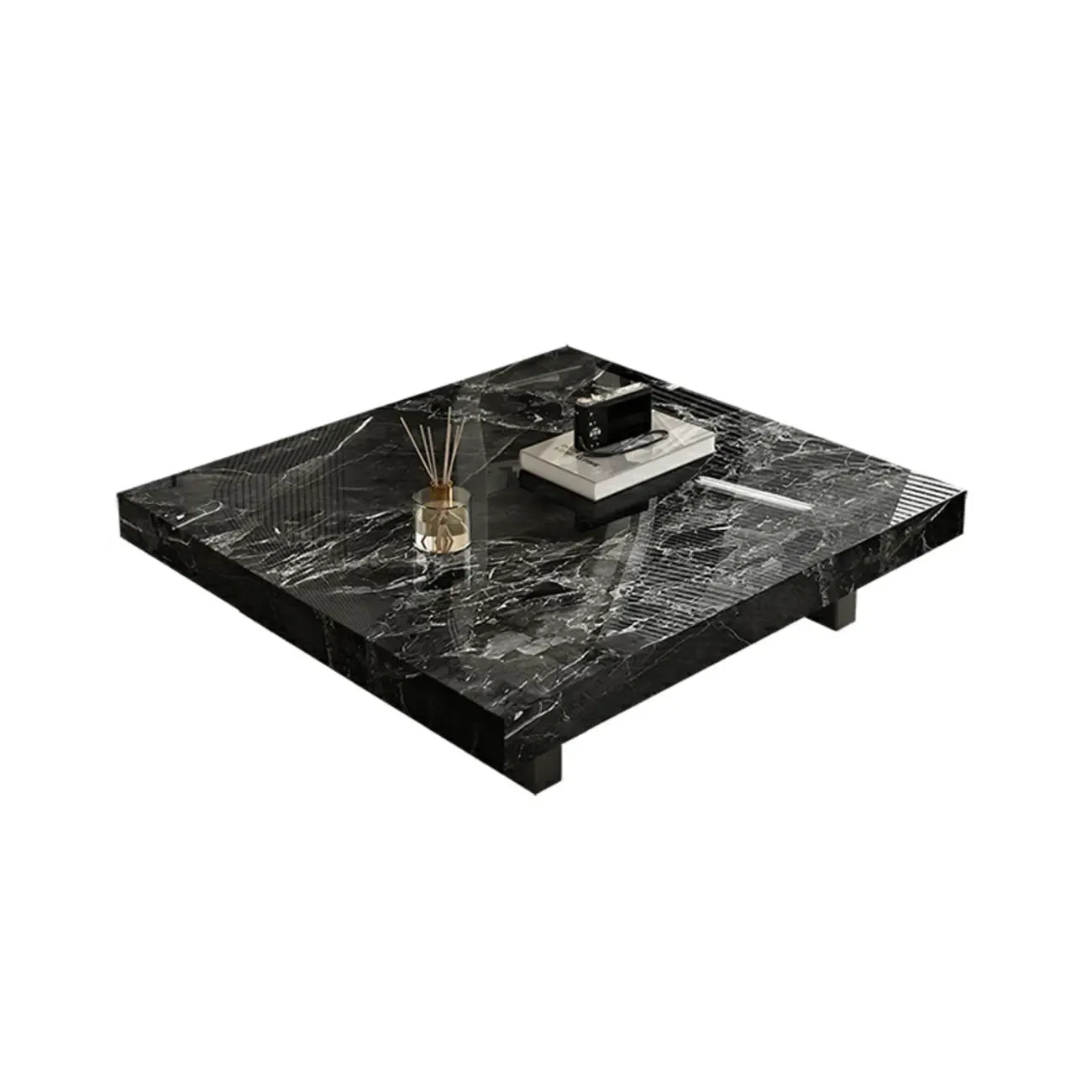 Table basse carrée moderne en pierre frittée beige avec piètement traîneau