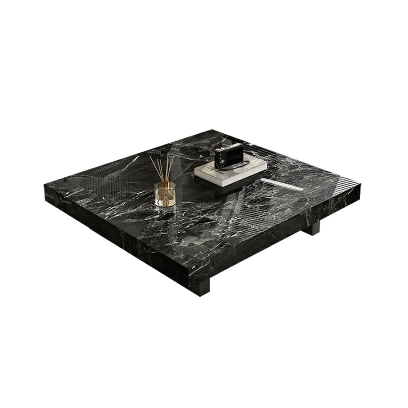 Table basse carrée moderne en pierre frittée beige avec piètement traîneau