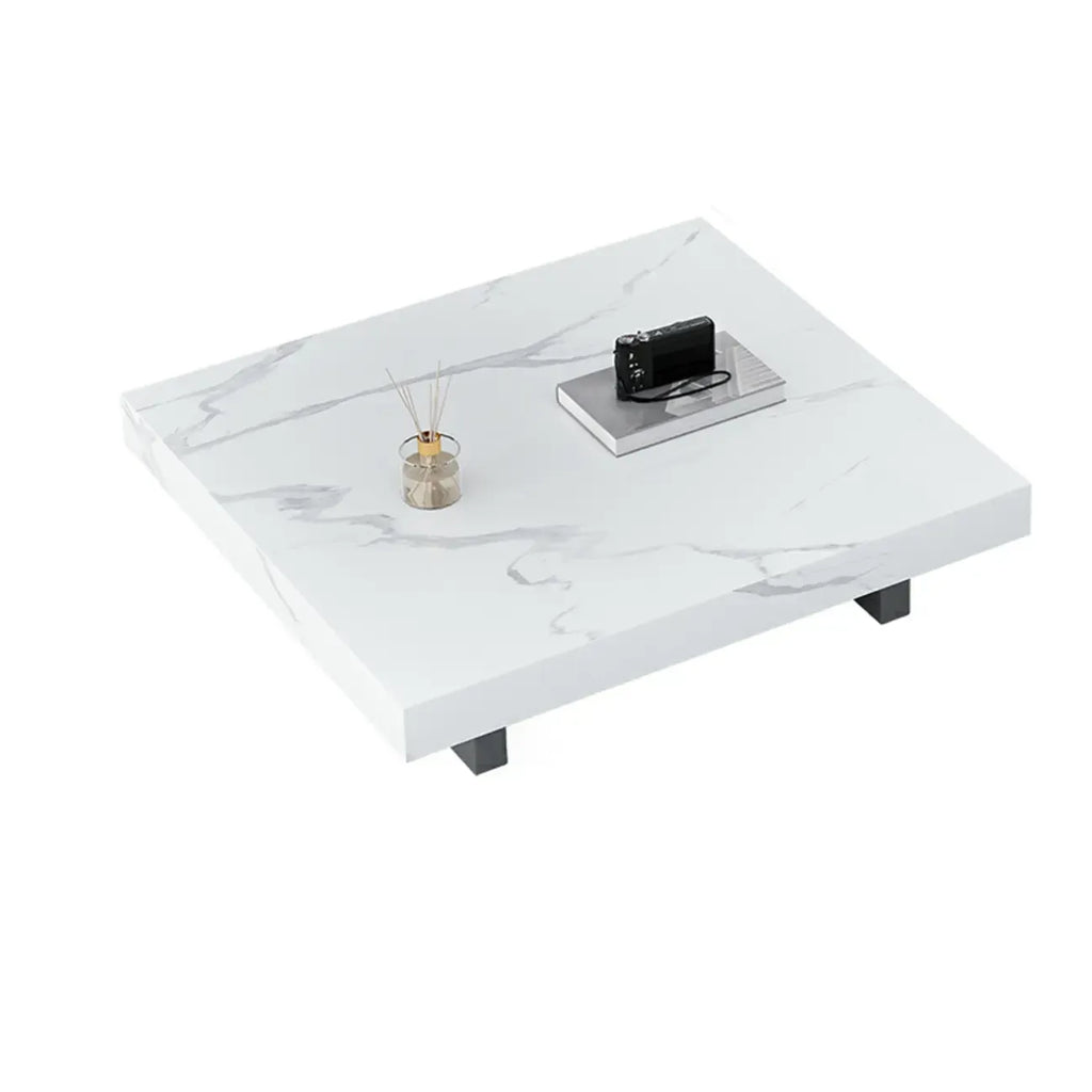 Table basse carrée moderne en pierre frittée beige avec piètement traîneau